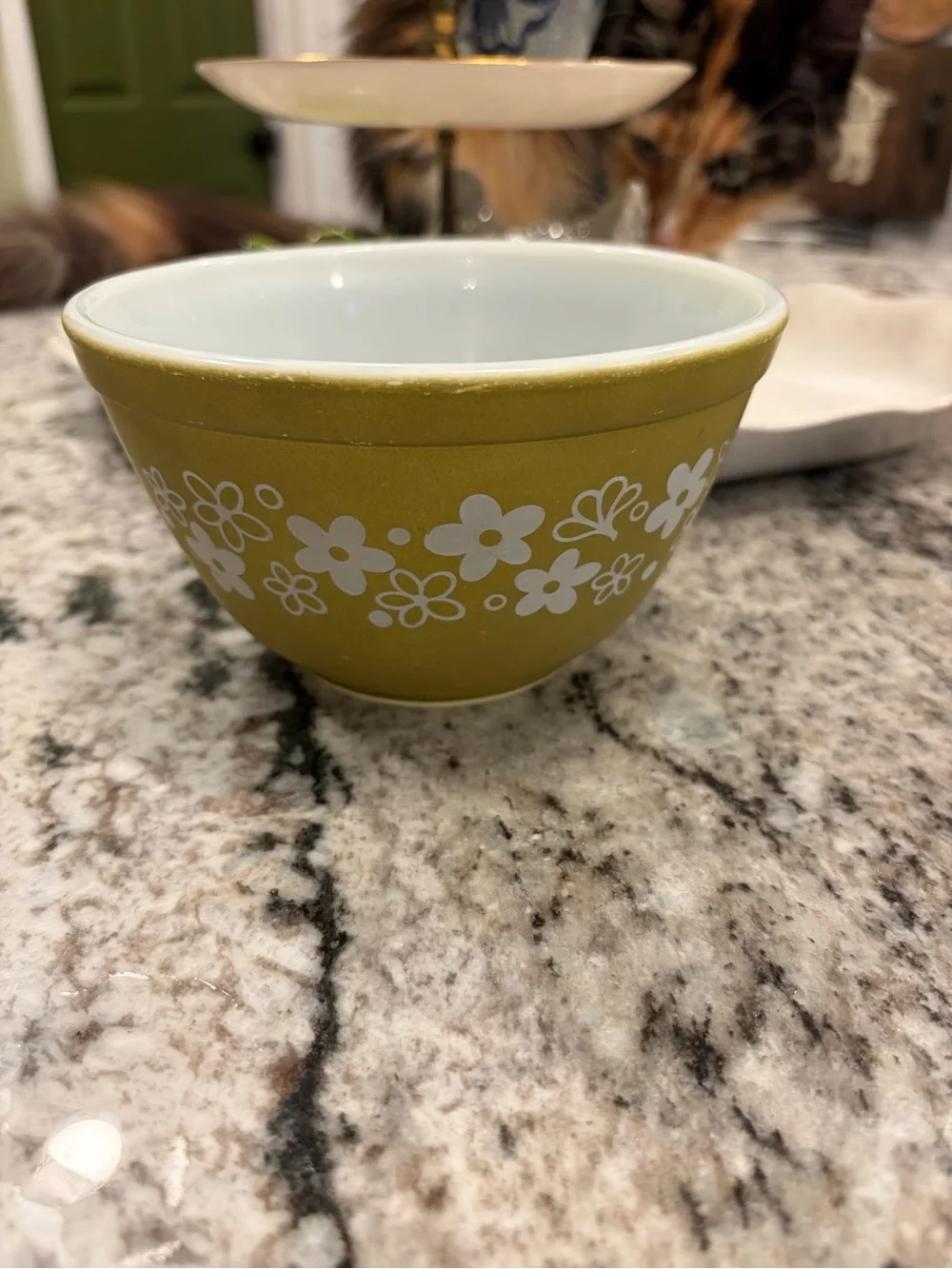 Vintage Pyrex Olive Green Floral Ceramic Bowl